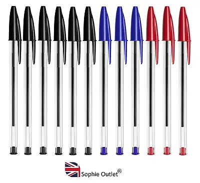12Pack ASSORTED BALLPOINT PENS Black Red Blue Writing Pen School Office Biros UK • £3.64
