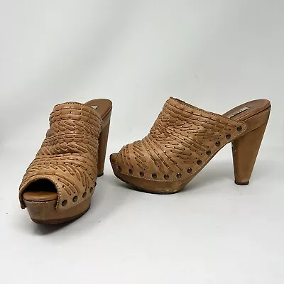$35 • Buy Zara Woman Genuine Leather Braided Embroidered Open Toe Lug Sole Clogs Heels 9