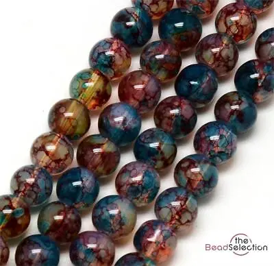 100 'DRAGON VEIN' MARBLED DRAWBENCH ROUND GLASS BEADS 8mm DARK RAINBOW DV13 • £3.39