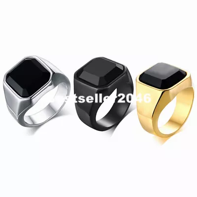 Men's Stainless Steel Black Glass Signet Promise Ring Wedding Band Size 7-13 • $9.99