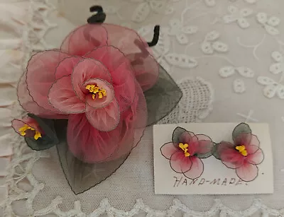 Vintage Hand Made Chiffon Millinery Pink Rose Stamens Flower Earrings Set Wired • $10.99