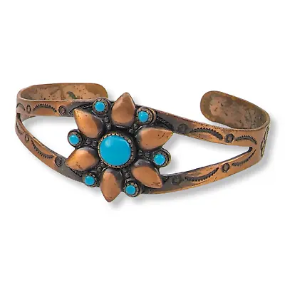 Vintage Copper Bell Trading Post Flower Faux Turquoise Cuff Bracelet • $74.99