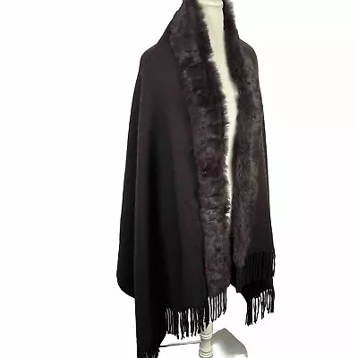 Metric Knit Shawl Rabbit Fur Trim Long Scarf Chocolate Brown Evening One Size • $27.85