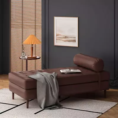 Chaise Lounge Chair Daybed Indoor Lounger Tufted Brown Faux Leather Bolster 57in • $279.99