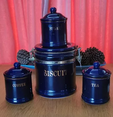 Ceramic Tea Coffee And Sugar Biscuit Storage Jar Set Blue And Gold • £34.90