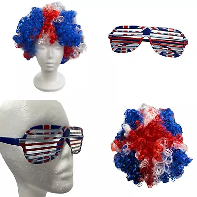 2 Piece Union Jack Flag Shutter Glasses Afro Wig Queens Jubilee Fancy Dress Set • £13.99