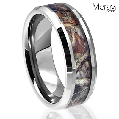 Real Oak Forest Camo Ring Brown Mossy Tree Mens 8mm Silver Tungsten Wedding Band • $14.41
