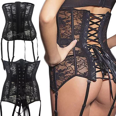 Black Lace Suspenders Underbust Waist Cincher Erotic Lingerie Corset Shaper Br • £13.79