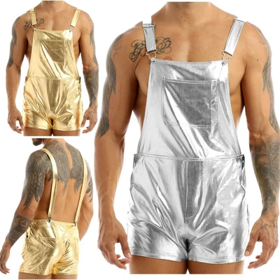 $16.35 • Buy Mens Metallic Bib Overall Suspender Shorts Hot Pants Boxers Fancy Dress Costume