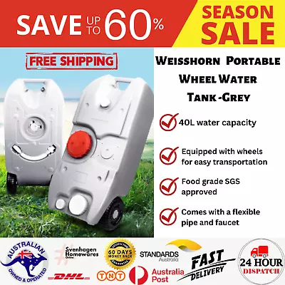 Weisshorn 40L Wheel Water Tank Portable Outdoor Camping Caravan Storage Grey • $114.53