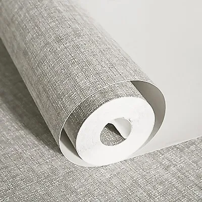 10M Linen Texture Effect Wallpaper Light Grey Plain Woven Textured Wall Paper-UK • £6.99