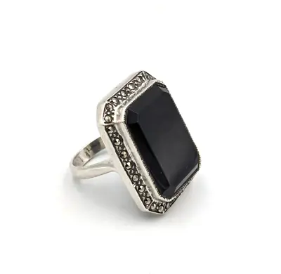 Sterling Silver 925 Big Onyx And Marcasite Ring Art Deco Style Vintage Sz 6 • $85