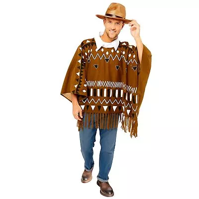 Men's Funny Stag Do Fancy Dress Party Costume Brown Western Poncho And Hat • £22.68