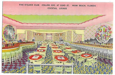 Miami Beach FL Florida Linen Postcard Five O'Clock Club Cocktail Lounge • $4