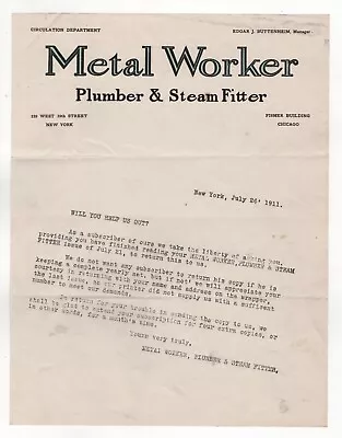 1911 Metal Worker Letterhead Plumber Steam Fitter Chicago & New York • $35
