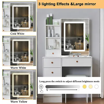 UK Dressing Table Makeup Desk Table Vanity Set W/ LED Sliding Mirror & Shelves • £158.78