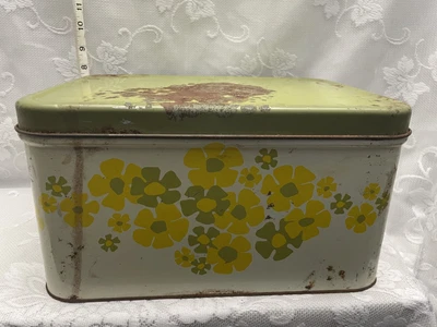 $17.50 • Buy Vintage Decoware Metal Tin Bread Box Hinge Lid & Flowers Green Yellow 14x10x7
