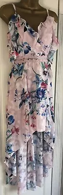 £42.99 • Buy Lipsy Floral Dress 16 Cold Shoulder Pink Boho Ruffle Hi Low Midi Party Occasion