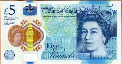 Great Britain 5 Pounds Polymer Note. Single UK 5 Pounds 2016 Banknote. QEII UNC  • $14.88