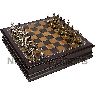 Gris Chess Board Game Set Wood Wooden Inlaid Storage METAL Pieces 12 Inch New • $79.99