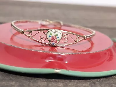 Vintage 14k Gold Filled Kiddie Kraft Enamel Cabbage Rose Heart Bangle Bracelet • $12