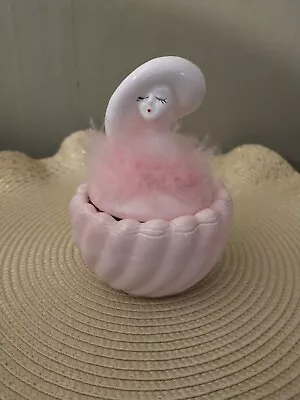 Vintage Ceramic Lady In Pink With Feathers Powder Container • $25