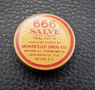 Vintage 666 Salve Five Cent Trial Size Monticello Drug Co. Tin • $3.50