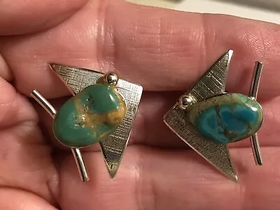 Vintage Artsy Modernist Sterling Silver Angel Fish Turquoise Screw Back Earrings • $24.99