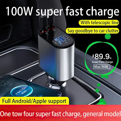 100W Retractable Car Charger Cable Dual Port USB C 4 IN 1 For IPhone Android UK • £17.79