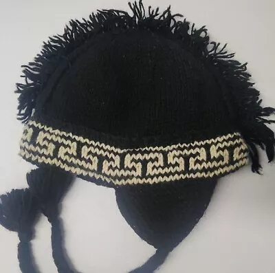 100% Wool Beanie Hat Hand Knitted  Tassels Ear Flaps Made In Nepal Mohawk Black • $15