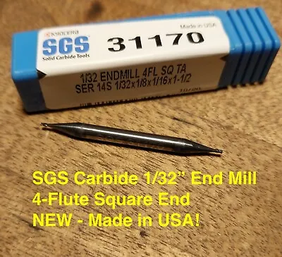 Sgs 1/32  (.0312 ) Solid Carbide Double End Mill 4 Flute Square Coated - Usa! • $5.95