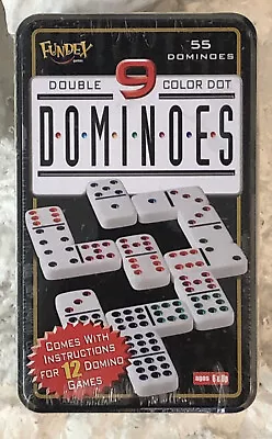 Fundex Double 9 Color Dot Dominos In metal Tin 55 Tiles Instructions New Sealed • $25