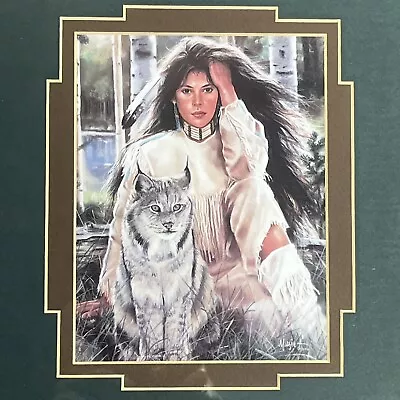 Vintage Rare 1992 Maija Framed Feline Mischief Art Print Indian Woman With Lynx • $100