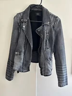 Decjuba Washed Grey Denim Biker Jacket Sz 10 • $20