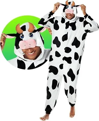 Men`s Cow Costume + Hood Adult Animal All In One Jumpsuit Halloween S - XL • $33.95