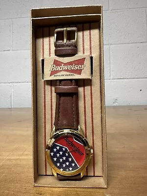 Vintage Budweiser Watch Leather Wristband Beer American Flag • $10