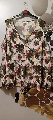 Tropic Print Peplum Hem V Neck Summer Smock Top New 22 Label BE • £2.99