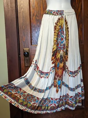 VINTAGE SOUTHWESTERN CRINKLE SKIRT White Western Feather Print Broomstick 1E • $30