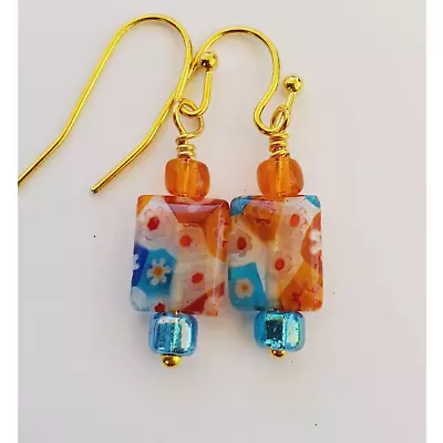 Orange And Blue Glass Millefiori Earrings 1 Inch Gold Tone Findings Handmade • $12
