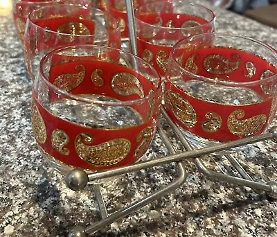 8 Culver Red & Gold Paisley Roly Poly Glasses Vintage Mid Century • $50