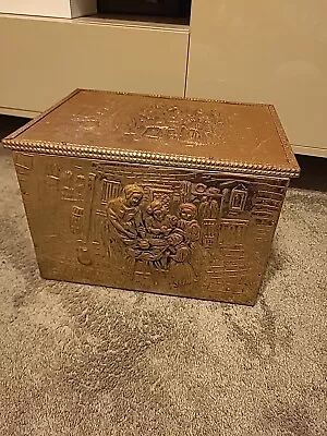 Vintage Brass Covered Embossed Slipper Box Fireside Coal Storage Family Scene • £30