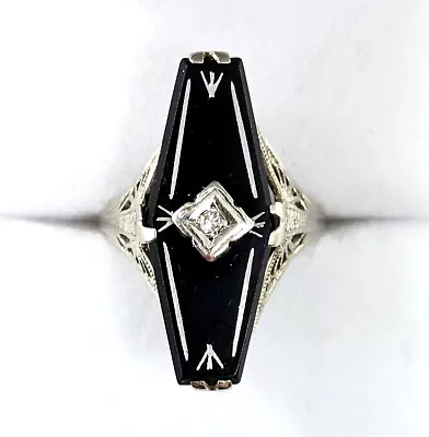 Vintage 14K White Gold Onyx And Old Mine Cut Diamond Ring Size 4.5 • $199