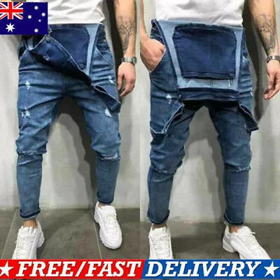 Men Ripped Jeans Pants Dungarees Bib And Brace Jumpsuit Work Trousers Overalls • $46.29