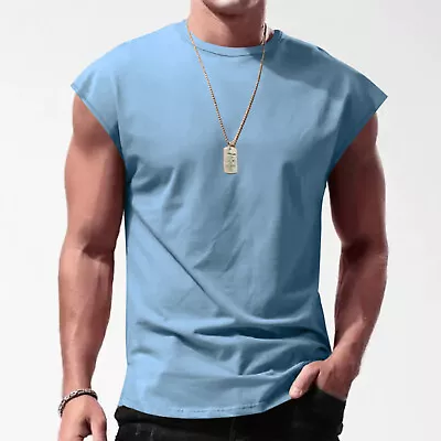 Mens Casual Solid Color T-Shirt Gym Sport Workout Round Neck Vest Tank Tops • $13.85