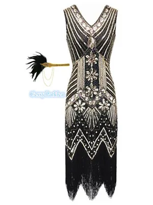 $37 • Buy Deluxe Ladies Black Gold 1920s Roaring Flapper Gatsby Costume Sequins Dress 6-18