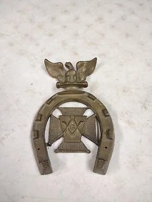 Vintage 6  Cast Brass Masonic Free Mason Horse Shoe Eagle Door Wall Plaque • $69.95