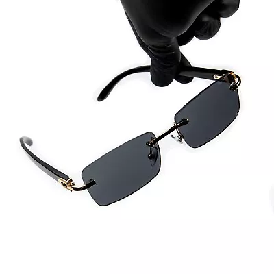 Mens Black Tint Rimless Gold Frame Vintage Wood Buffs Hip Hop Sunglasses • $15.99