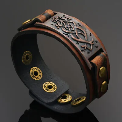 Mens Viking Wide Leather Bracelet Wristband Punk Alloy Bangle Adjustable Gift • £3.47