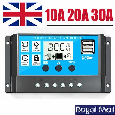 Solar Charge Controller Battery Regulator 10/20/30A 12/24V Auto Dual USB PV50V • £8.93