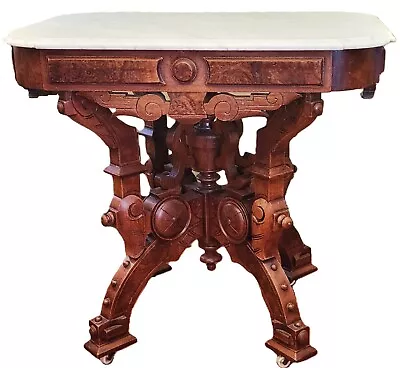 Center TABLE Renaissance Victorian Marble Top Walnut Burl Panels 33 L • $1475